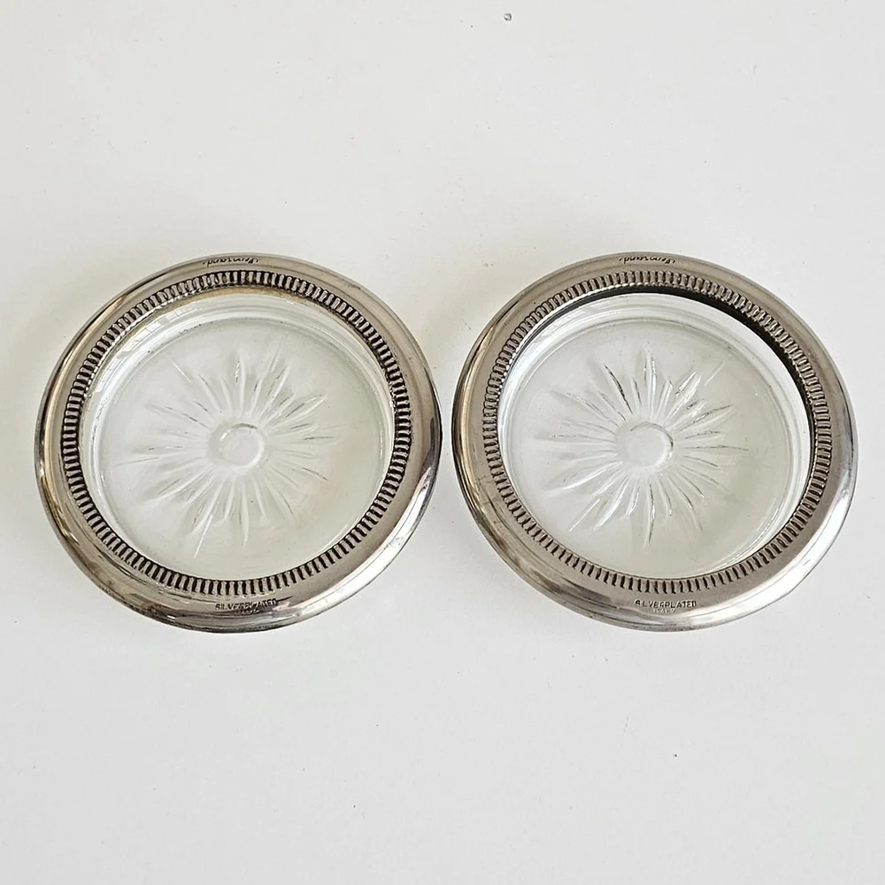Leonard Silverplate Coasters Set of 2 – 4” Round Glass Insert Starburst Design